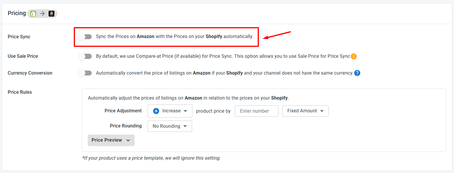 Turn On Shopify Amazon Sync - Price
