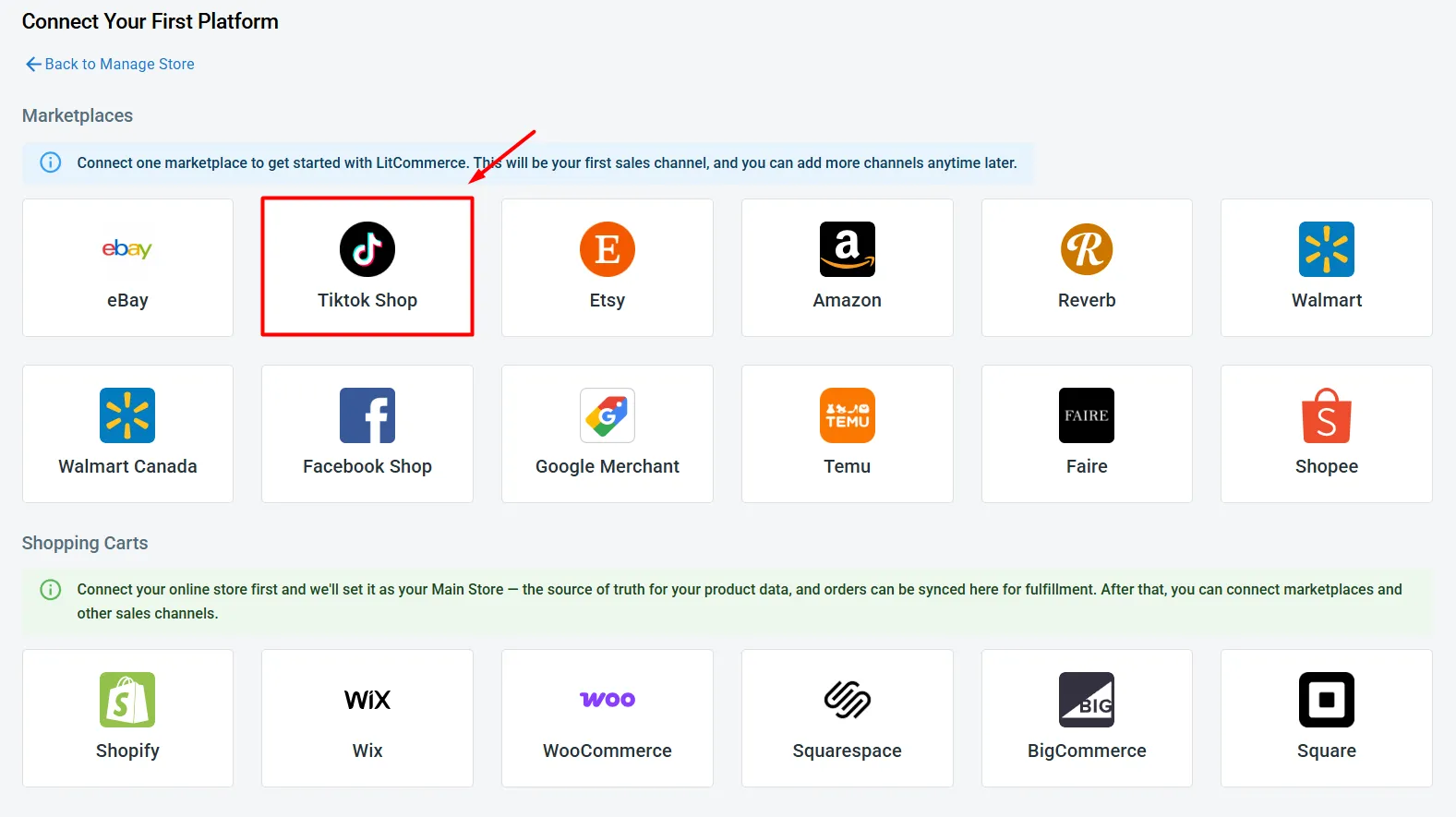 image 5 Find TikTok Shop from the list of supported platforms in LitCommerce