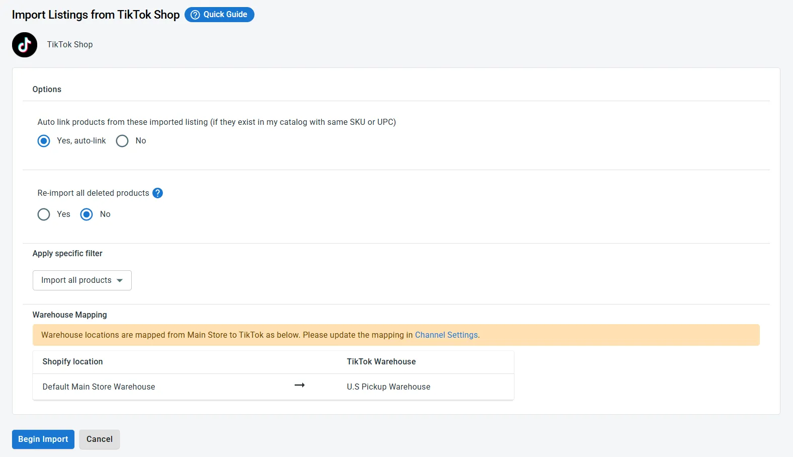 image Import listings from TikTok Shop with warehouse mapping
