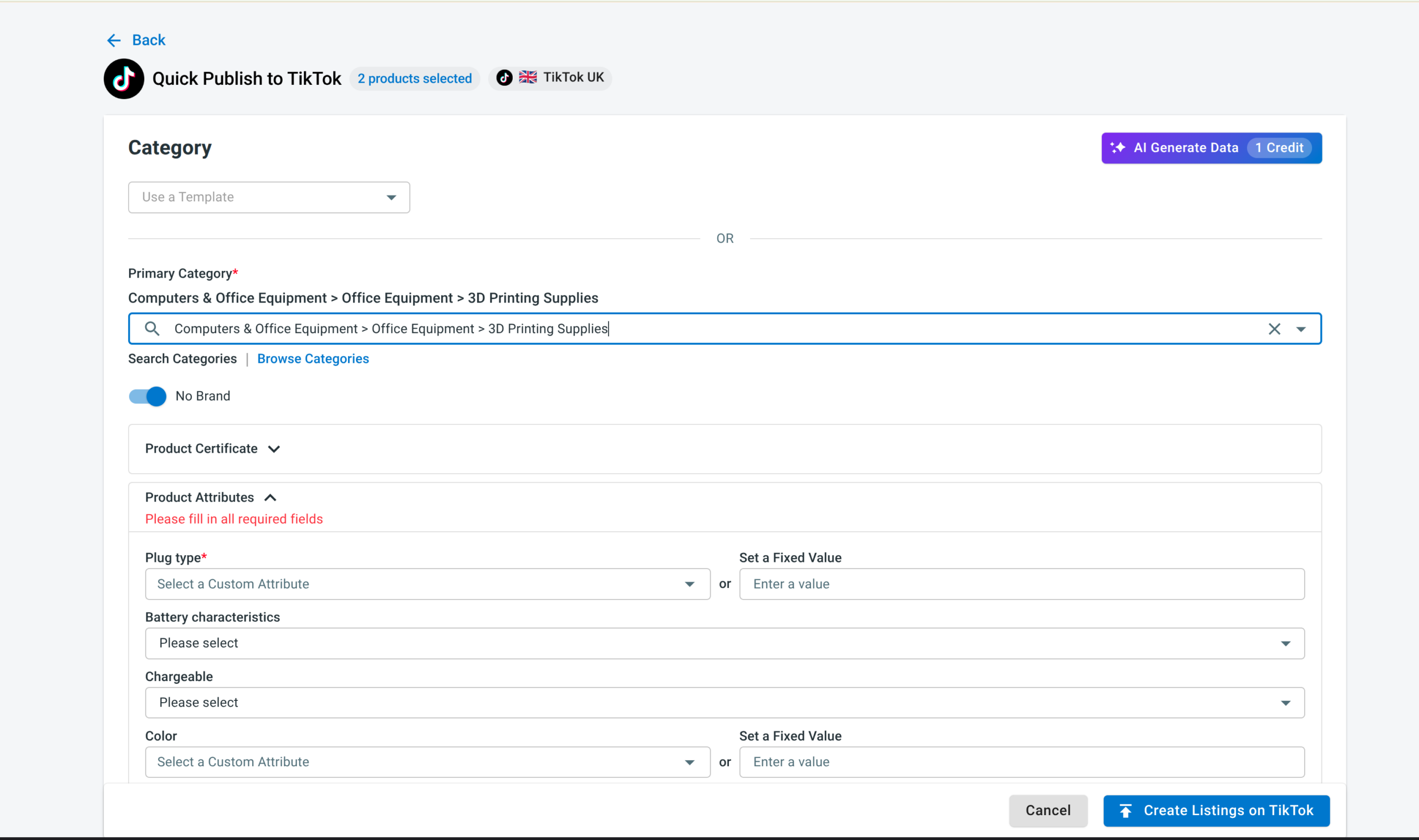 Quick Publish to TikTok Shop page with category, product attributes and AI Generate Data button