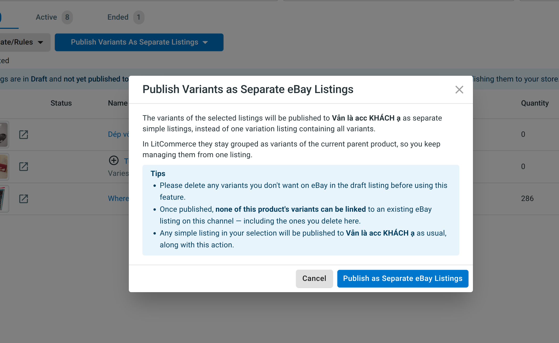 ebay publish variants as separate listings Publish Variants as Separate eBay Listings confirmation window in LitCommerce