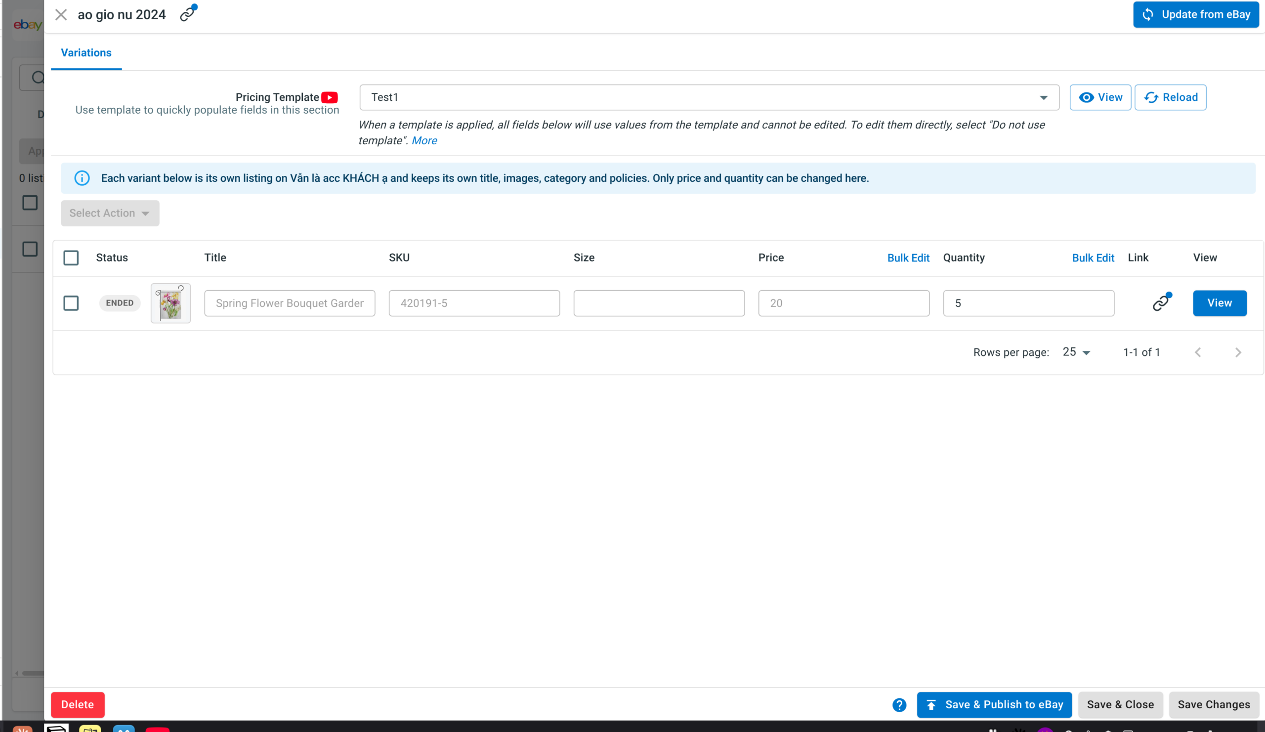 ebay variants linked as simple listings scaled LitCommerce Variations tab for a virtual parent product, where each variant is its own eBay listing and only price and quantity can be changed