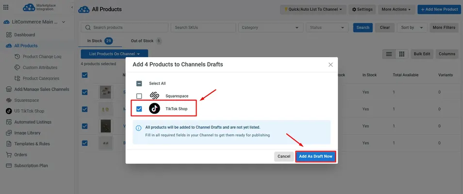 litcommerce add products to tiktok shop channel drafts Add products to TikTok Shop Channel Drafts from All Products in LitCommerce
