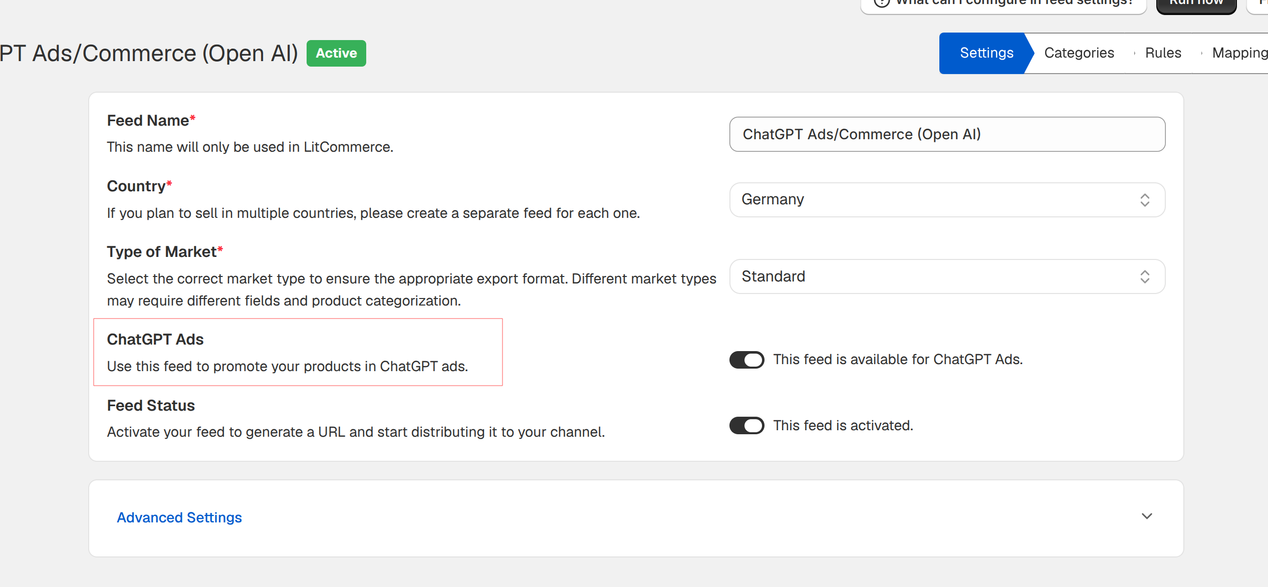 ChatGPT Ads option in LitCommerce Feeds for including a ChatGPT feed in ChatGPT Ads