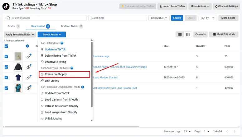 tiktok shop create on shopify bulk action Select Action menu with Create on Shopify for TikTok Shop listings