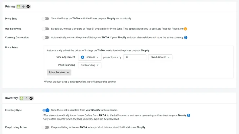 tiktok shop price sync inventory sync settings Price Sync and Inventory Sync settings in TikTok Shop channel settings